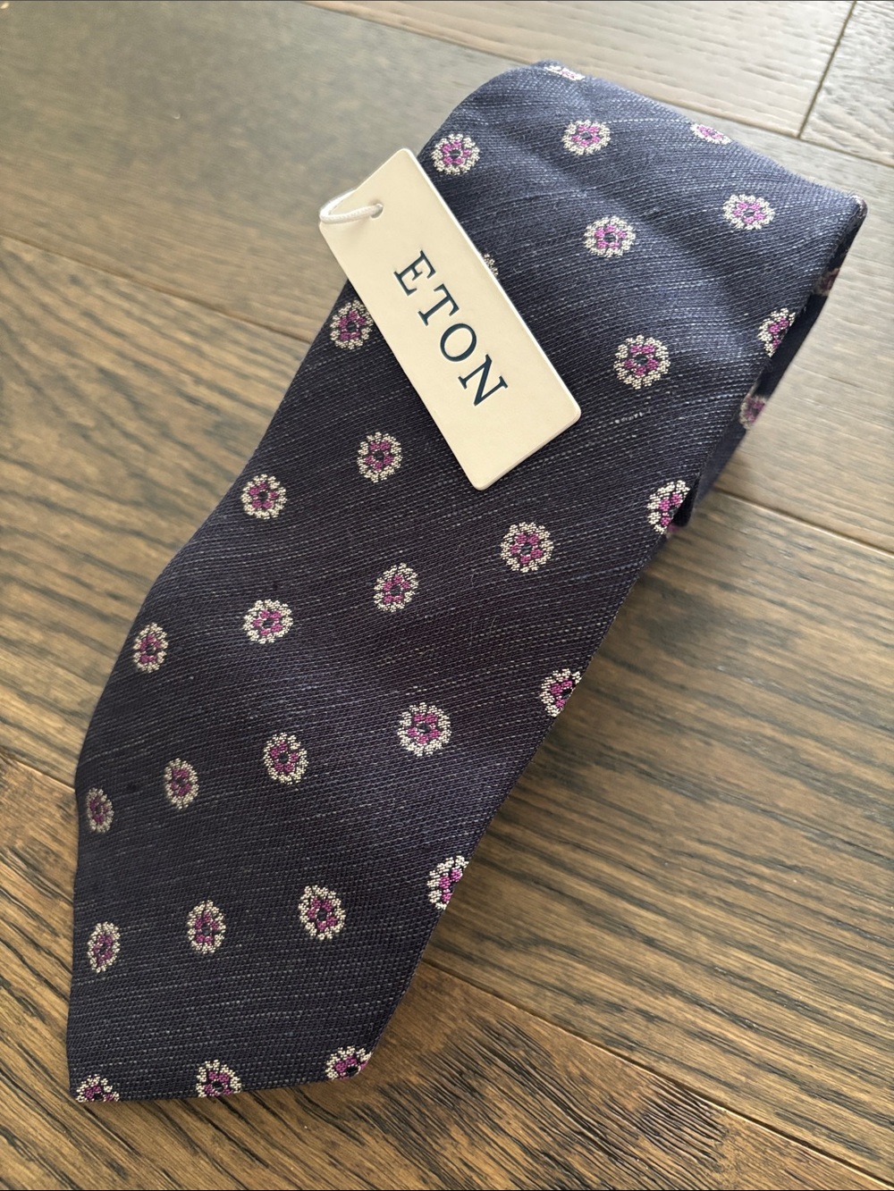 Eton Men's Navy Tie with Pink Medallion Dots Silk Linen Italy Preppy Academy